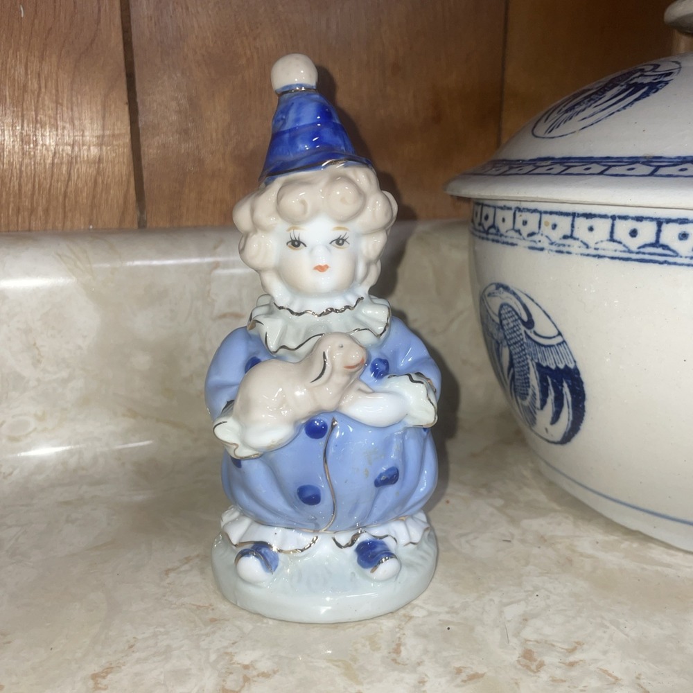 Vintage Blue Curly Haired‎ Clown Figurine Holding A Rabbit, 6" Tall